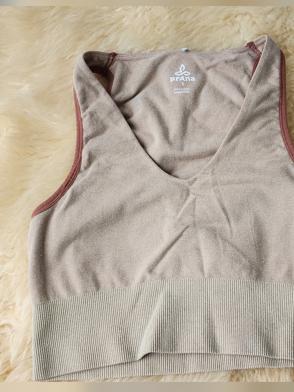 Prana Taupe Cropped V-Neck Tank with Rust Trim